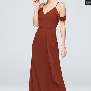 David's Bridal Off-the-Shoulder Bridesmaid Dress with Cascade: Cinnamon